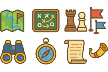 Children's Battle Tactics. Flat vector mini-illustrations battle tactics in colors children's illustrations: map, strategy board,