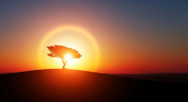 A solitary tree silhouetted against a vibrant sunset, radiating light and warmth.