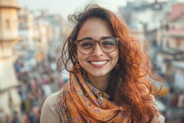 Joyful Indian woman sightseeing in the city,  ethnic tourism and urban exploration in an exciting city discovery, Generative AI