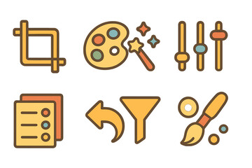 Children's Editing Icons. Flat vector mini-illustrations photo editing in colors children's illustrations: crop tool, color