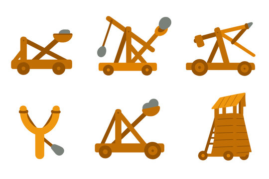 Colorful Catapult Icons. Flat vector mini-illustrations catapult types in colors children's illustrations: medieval catapult,