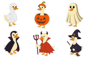 Set of cute Halloween ducks in costumes: mummy, pumpkin, ghost, vampire Dracula, devil and witch. Perfect for kids clipart, stickers, invitations, posters and digital designs.