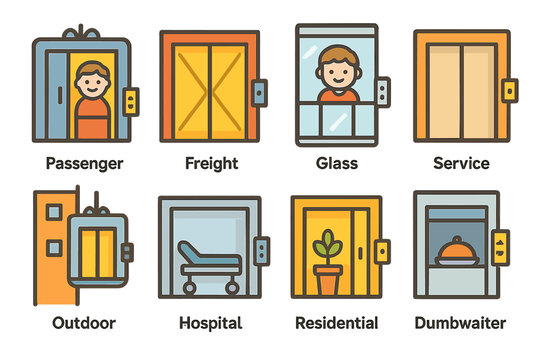 Colorful Elevator Icons. Flat vector mini-illustrations elevator types in colors children's illustrations: passenger elevator,