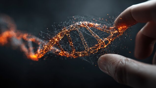 A hand holds a glowing, abstract DNA helix
