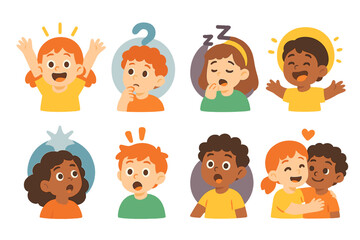 Children's Emotions Grid. Flat vector mini-illustrations journey emotions in colors children's illustrations: excitement,