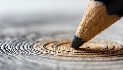 Close-up of a graphite pencil drawing concentric circles on wood grain