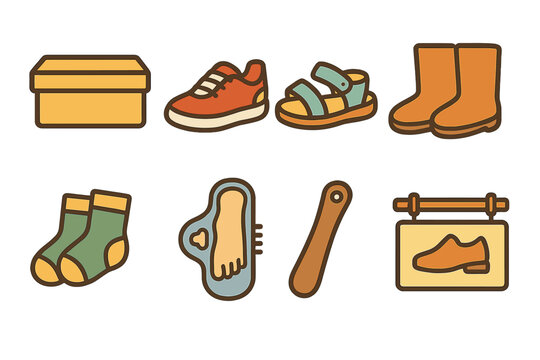 Children's Footwear Icons. Flat vector mini-illustrations footwear try on in colors children's illustrations: shoe box, sneaker,