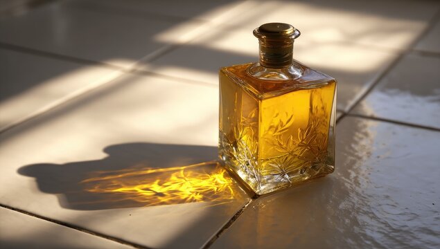 Golden liquid in a decorative glass bottle casts a warm shadow on a tiled surface - Powered by Adobe
