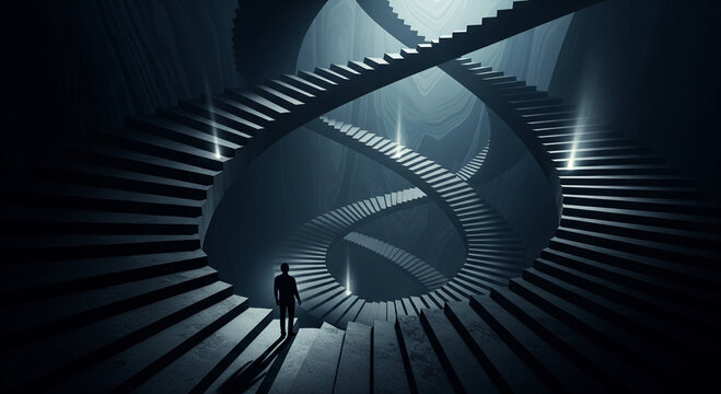 A lone figure contemplates an intricate, spiraling, dark staircase ascending into an ethereal light. - Powered by Adobe
