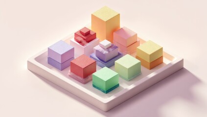 Obraz premium Abstract isometric composition of colorful, stacked cubes in a tray