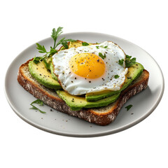 Delicious avocado toast topped with a fried egg and fresh herbs on a plate perfect for a healthy breakfast or brunch presented on a neutral background on transparent background