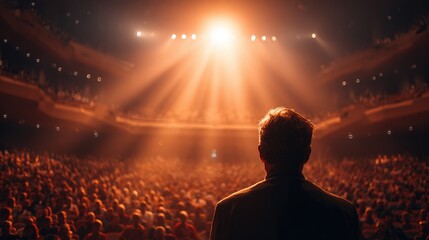 Stage lights illuminate a large audience
