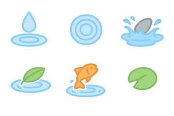 Children's Water Icons. Flat vector mini-illustrations ripple effects in colors children's illustrations: water droplet,