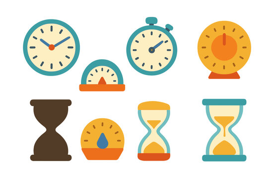 Colorful Timer Icons. Flat vector mini-illustrations volcano hazards in colors children's illustrations: lava bomb, pyroclastic