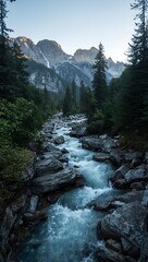A river flows gently through a rocky riverbed, surrounded by natural scenery and smooth stones.
