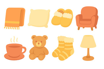 Cozy Children's Icons. Flat vector mini-illustrations comfort in colors children's illustrations: cozy blanket, soft pillow, warm