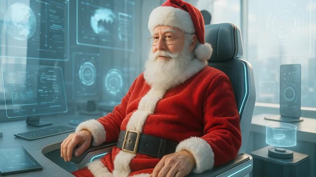 Santa Claus sits at his desk, surrounded by floating digital displays. glowing blue interfaces and shimmering data projections. Modern Santa operates in high-tech mission control-style office