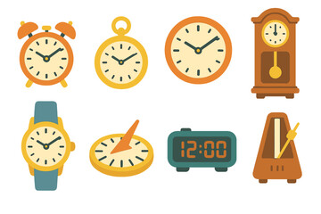 Fototapeta premium Colorful Clock Collection. Flat vector mini-illustrations ticking clocks in colors children's illustrations: alarm clock, pocket