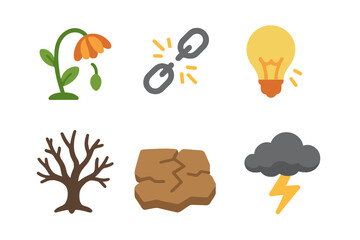 Naklejka premium Cursed Effects Icons. Flat vector mini-illustrations curse effects in colors children's illustrations: wilting flower, broken