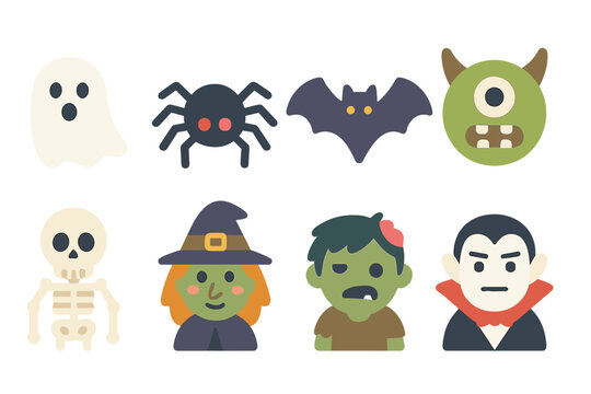 Cute Spooky Icons. Flat vector mini-illustrations scary creatures in colors children's illustrations: ghost, spider, bat, monster,