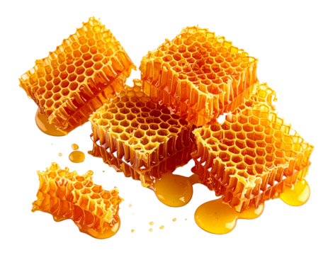 Broken Honeycomb Pieces with Honey Drops, Scattered Composition, Isolated