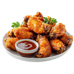 Crispy fried chicken wings served with dipping sauce on a white plate against a garnished with parsley for a delicious appetizer on transparent background