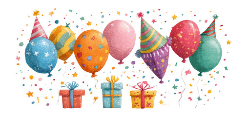 Colorful Party Balloons and Presents on Transparent Background