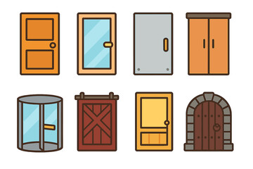 Colorful Door Icons. Flat vector mini-illustrations door types in colors children's illustrations: wooden door, glass door, metal