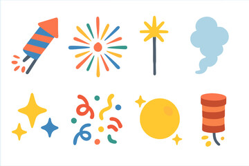 Colorful Fireworks Icons. Flat vector mini-illustrations fireworks in colors children's illustrations: rocket firework, colorful
