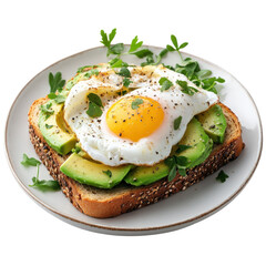 Delicious avocado toast topped with a fried egg and fresh herbs on a white plate perfect for a healthy breakfast or brunch option on transparent background