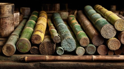 Stacked bamboo poles, various colors and textures