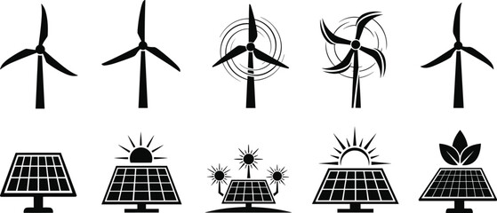 Wind turbines and solar panels icons, renewable energy symbols, sustainable power, clean energy sources, eco-friendly technology, green energy solutions