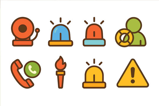 Emergency Icons Grid. Flat vector mini-illustrations emergency symbols in colors children's illustrations: fire alarm, police
