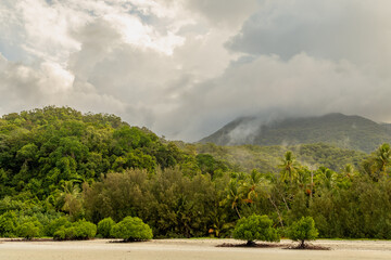 Dramatic clouds over a tropical beach and the Daintree rainforest with mangrove trees on the beach...