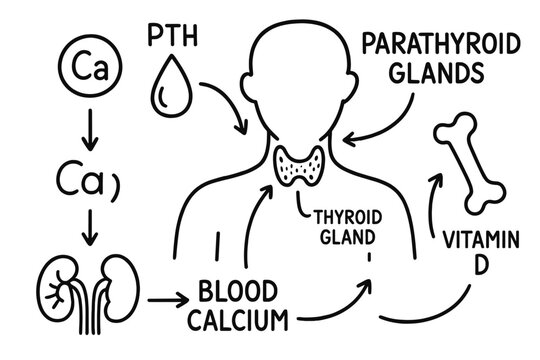 Endocrine System Doodle. Hand-drawn doodle illustration parathyroid parathyroid glands, thyroid gland, calcium icon, hormone drop,