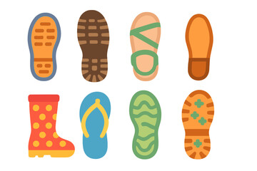 Colorful Shoe Print Grid. Flat vector mini-illustrations shoeprint types in colors children's illustrations: sneaker sole print,
