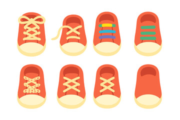 Fototapeta premium Colorful Sneaker Laces. Flat vector mini-illustrations sneaker laces in colors children's illustrations: tied laces, untied laces,