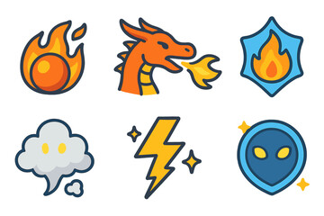 Fire & Magic Icons. Flat vector mini-illustrations dragon fire and magic in colors children's illustrations: fireball, flame