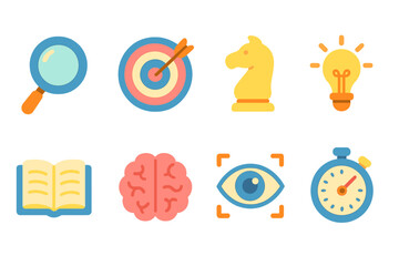 Focus Icons for Kids. Flat vector mini-illustrations concentration and focus in colors children's illustrations: magnifying glass,