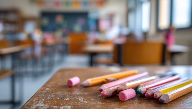 Colorful pencils on a classroom table, blurred school background
