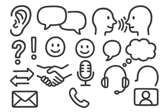 Communication Icons Doodle. Hand-drawn doodle illustration conversation and listening ear icon, speech bubbles, two heads,