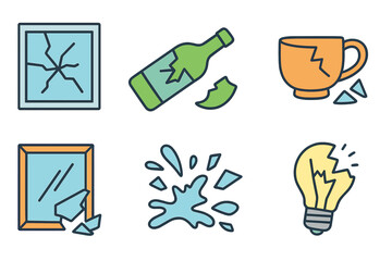 Glass Break Icons. Flat vector mini-illustrations glass break in colors children's illustrations: cracked window, shattered bottle