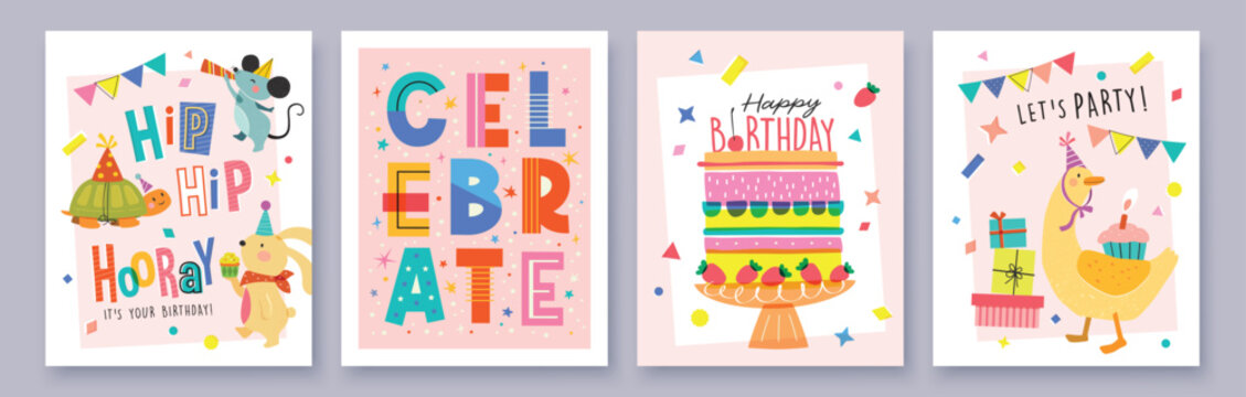 Set of Birthday greeting card with cute cartoon character animals, cake and colorful confetti.


