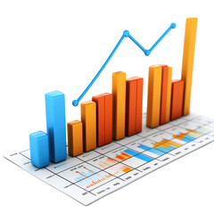 Colorful 3d bar graph and line chart showing positive growth and financial success on a detailed data sheet against a on transparent background