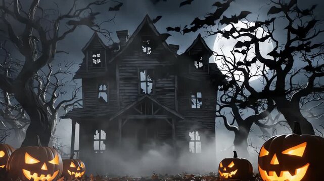 halloween very scary video Spooky haunted house under a full moon with glowing jack o lanterns bare trees and bats enveloped in eerie fog creating a chilling atmosphere for Halloween night 2k video