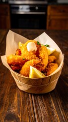 Crispy fried seafood dish in a wooden basket
