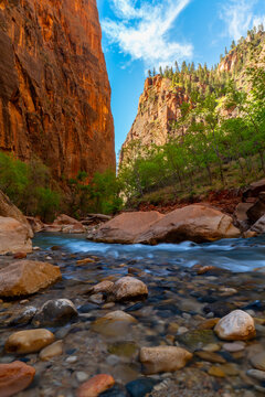 View of Virgin River from River Walk Trail Zion National Park Utah