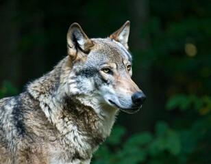 Grey wolf portrait, looking right, dark background