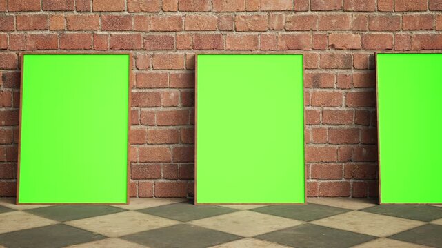 3D Render of Four Vertical Green Screen Posters or Wall Art Against a Brick Wall