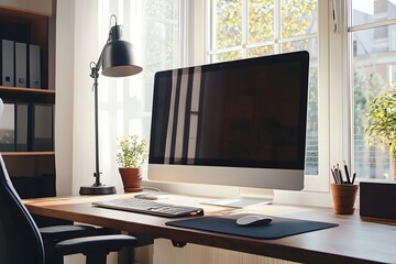elegant workspace with ergonomic chair, desk lamp, and large monitor, no clutter 
